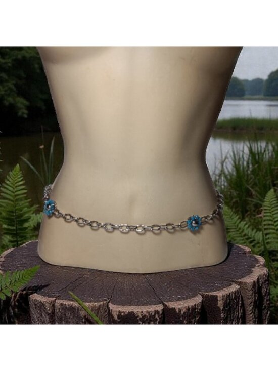 Belt with Glass Station Imitation Turquoise Flowers Silver-Tone Oval Chain main image 6